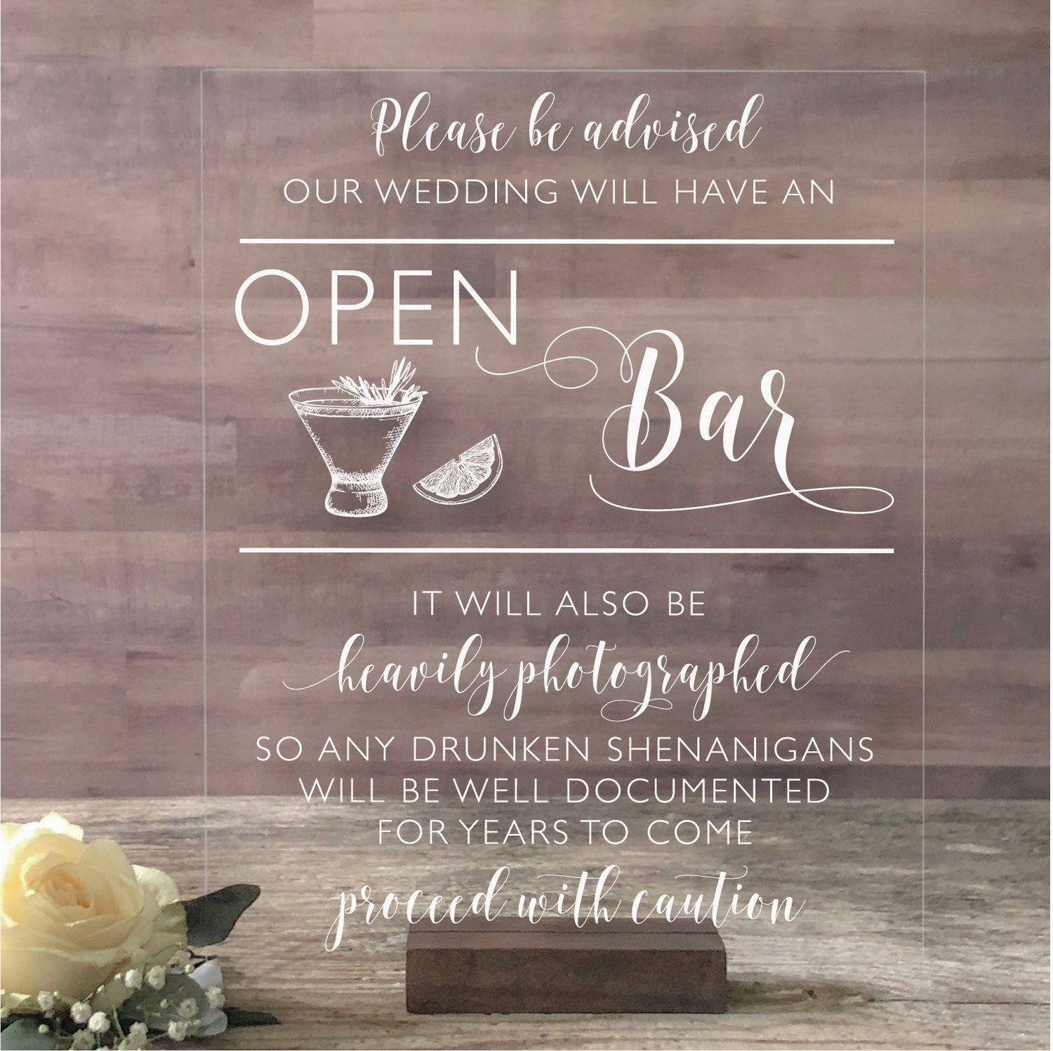 Acrylic Open Bar Sign | Lucite Wedding Sign | Rustic Wedding Decor | AS-33 - SCC Signs