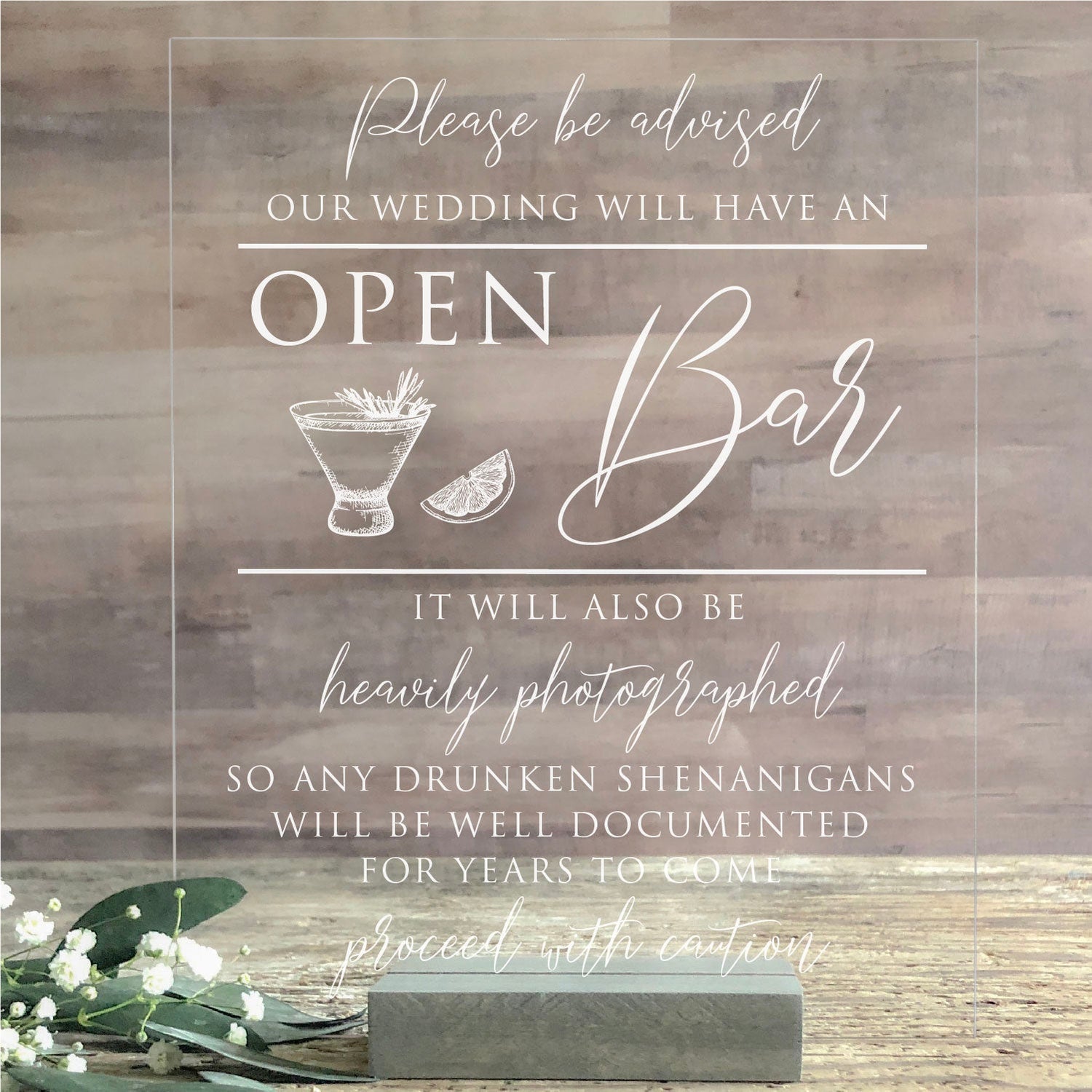 Acrylic Open Bar Sign | Lucite Wedding Sign | Rustic Wedding Decor | SCC-211 - SCC Signs