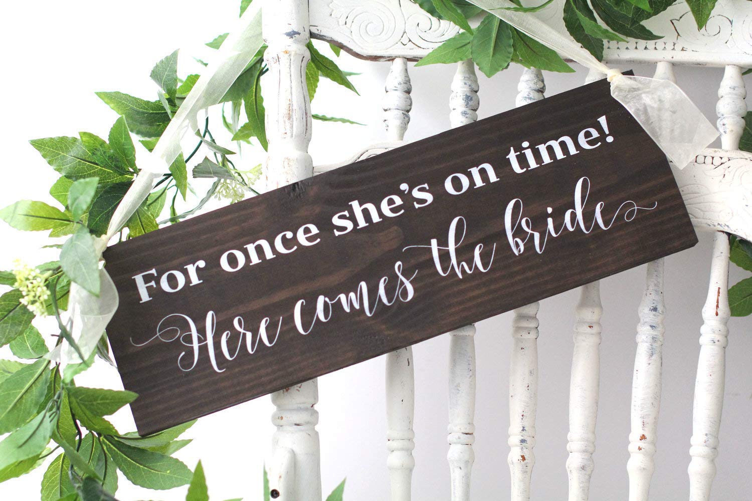 RUSH | English Oak | For Once She's On Time Ring Bearer Sign | White Ribbon - SCC Signs
